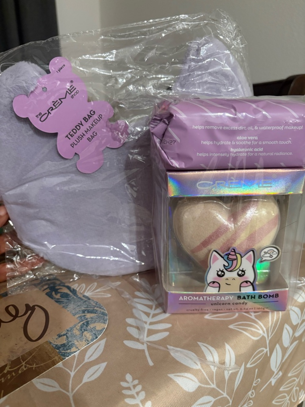 Plush Lavender Teddy Makeup Bag & Unicorn Heart Bath Bomb Set with wipes set